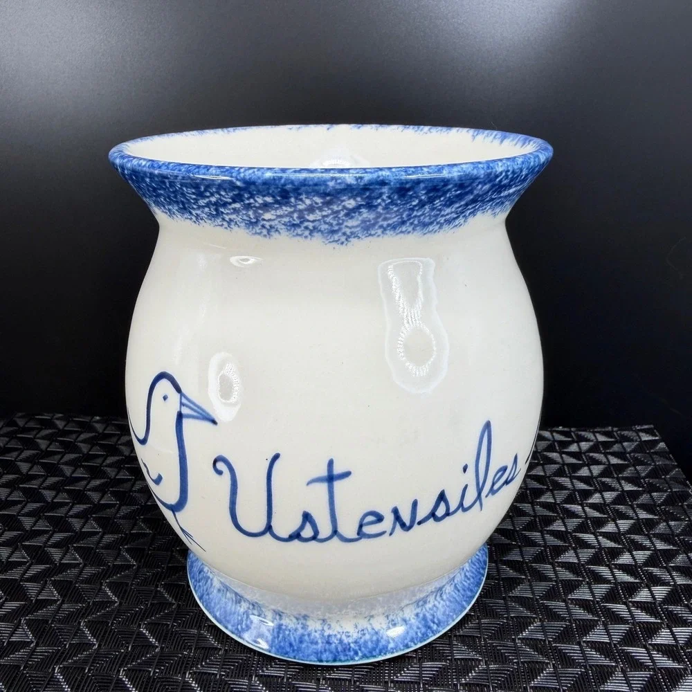 Lebeau‎ et Weilbrenner Poterie Ceramic Utensil Crock Blue White Bird Ustensiles
